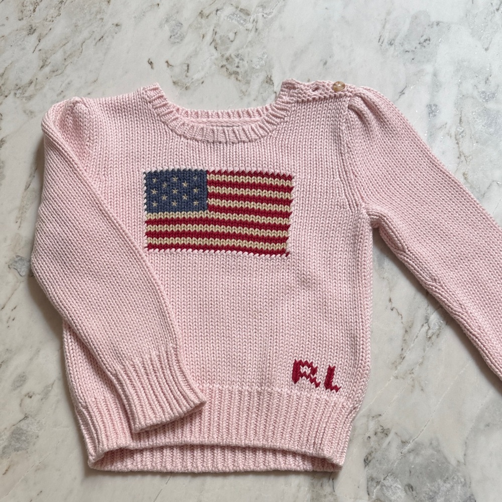Toddler Ralph Lauren Pink Sweater with American Flag - 3T